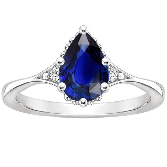 3 Stone Ring Split Shank Pear Blue Sapphire & Diamonds 3.25 Carats