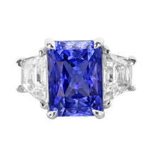 3 Stone Ring Trapezoid Diamond & Ceylon Sapphire 3.50 Carats Prong Set