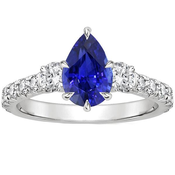 3 Stone Ring With Accents Pear Blue Sapphire & Diamonds 3.50 Carats