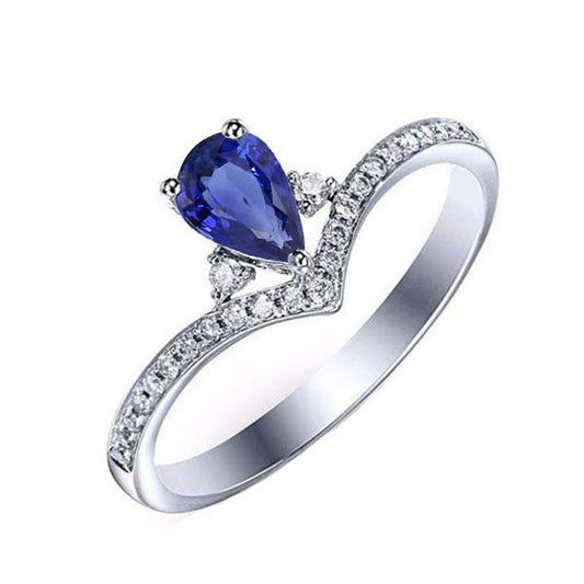 3 Stone Ring With Round Diamond Accents Pear Blue Sapphire 2.50 Carats