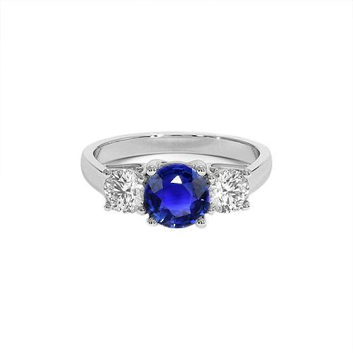 3 Stone Round Blue Sapphire Diamond Ring 4 Carats Prong Set Gold 14K