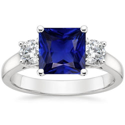 3 Stone Round Diamond & Princess Ceylon Sapphire Ring 6 Carats Gold