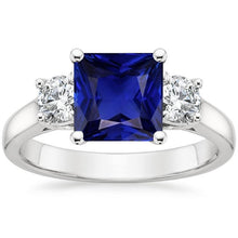 3 Stone Round Diamond & Princess Ceylon Sapphire Ring 6 Carats Gold