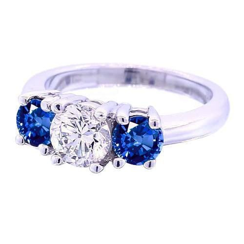 3 Stone Round Diamond Ring Blue Sapphire Jewelry 2.50 Carats