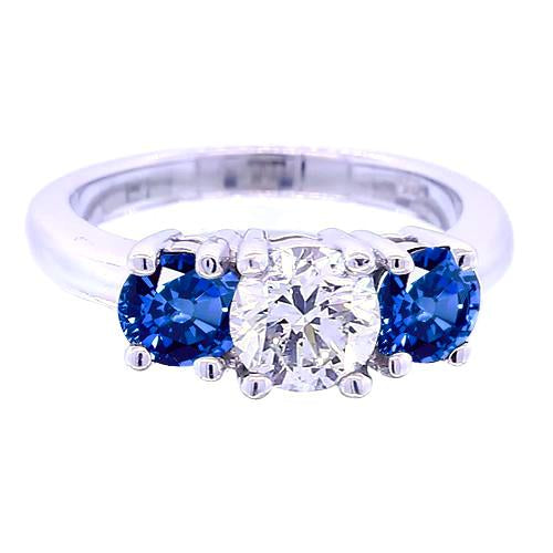 3 Stone Round Diamond Ring Blue Sapphire Jewelry 2.50 Carats