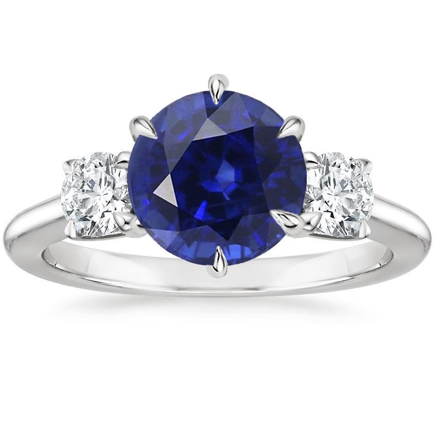 3 Stone Round Diamonds Deep Blue Sapphire Ring Prong Set 3.50 Carats