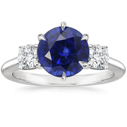 3 Stone Round Diamonds Deep Blue Sapphire Ring Prong Set 3.50 Carats