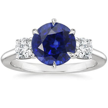 3 Stone Round Diamonds Deep Blue Sapphire Ring Prong Set 3.50 Carats