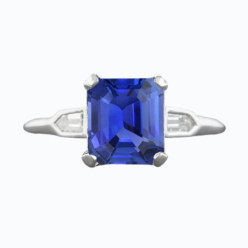 3 Stone Sapphire Ring Emerald Cut Tapered Baguette Diamonds 3 Carats