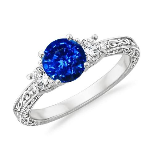 3 Stone Style 2.60 Ct Sri Lankan Sapphire And Diamonds Ring WG 14K