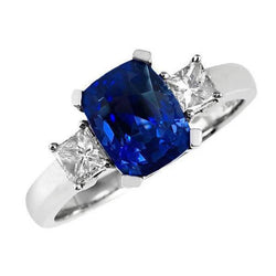 3 Stone Style Ceylon Sapphire & Diamonds 4.01 Ct. Ring White Gold 14K