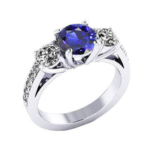 3 Stone Style Diamond Ring Round Ceylon Sapphire 2.50 Carats White Gold