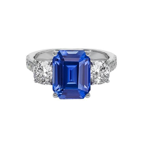 3 Stone Style Emerald Blue Sapphire Ring With Accents Gold 2.50 Carats