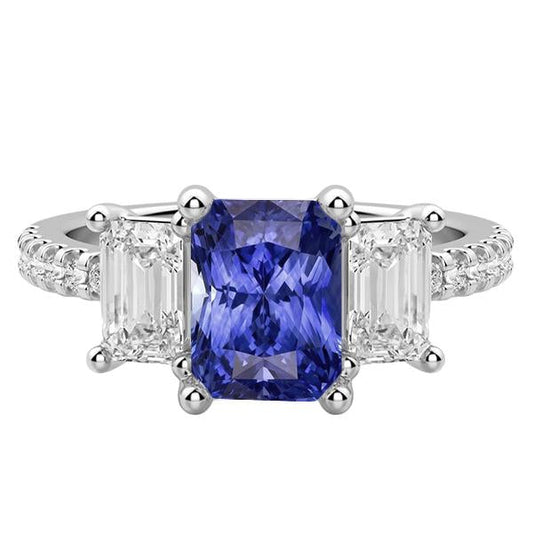 3 Stone Style Emerald Diamond Blue Sapphire Ring Radiant Cut 4 Carats