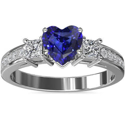 3 Stone Style Heart Sapphire Ring Princess & Round Natural Earth Mined Diamonds 3 Carats