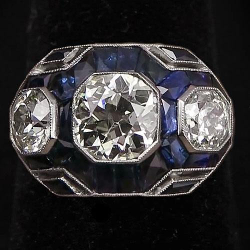 3 Stone Style Old Cut Round Diamond Ring & Blue Sapphire 6 Carats