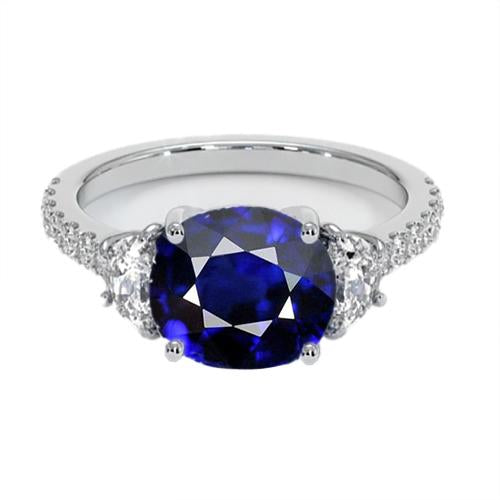 3 Stone Style Oval Ceylon Sapphire & Half Moon Diamonds Ring 11 Carats