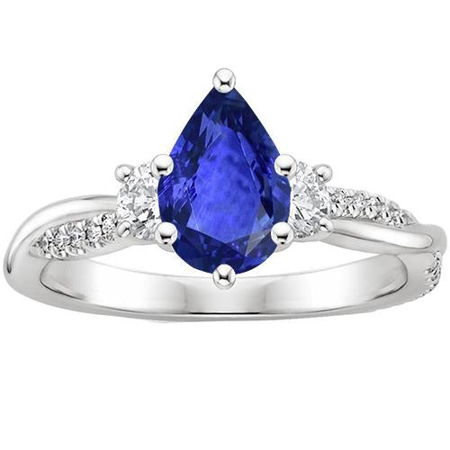 3 Stone Style Ring With Accents Diamond & Pear Blue Sapphire 6 Carats