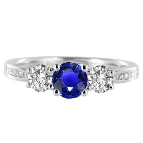 3 Stone Style Round Diamond Blue Sapphire Ring With Accents 2 Carats