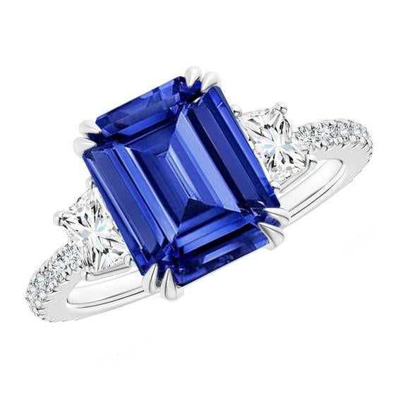 3 Stone Style Sri Lankan Sapphire Ring With Trapezoids 11.50 Carats