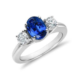 3 Stone Style Sri Lankan Sapphire With Diamonds Ring 3 Carats WG 14K
