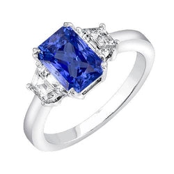 3 Stone Trapezoid Diamond Jewelry 3 Carat Radiant Ceylon Sapphire Ring