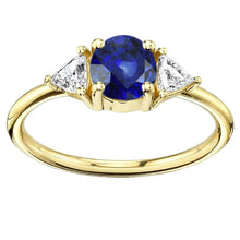 3 Stone Trilliant Diamond Ring 2 Carats Yellow Gold Ceylon Sapphire