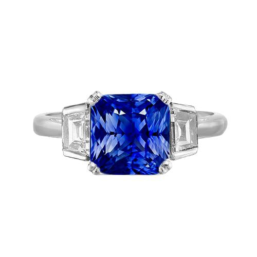 3 Stone Wedding Ring Cushion Sapphire & Trapezoid Diamond 2.50 Carats