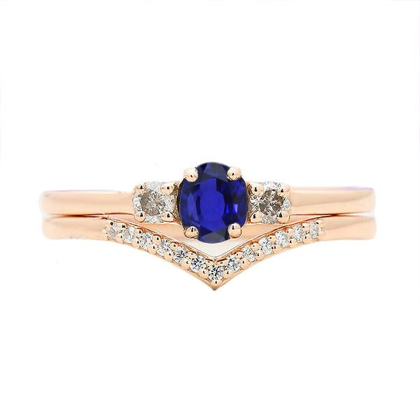 3 Stone Wedding Ring Set Blue Sapphire With Diamond Band 2 Carats