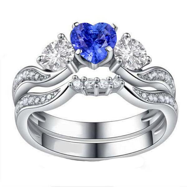 3 Stone Wedding Ring Set Heart Blue Sapphire & Round Diamonds 3 Carats
