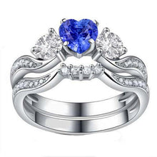 3 Stone Wedding Ring Set Heart Blue Sapphire & Round Diamonds 3 Carats