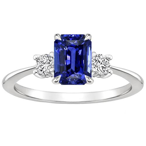 3 Stones Engagement Ring Emerald Blue Sapphire & Diamond 3.50 Carats