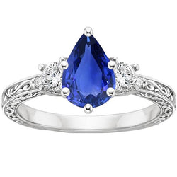 3 Stones Ring Antique Style Pear Blue Sapphire & Natural Earth Mined Diamonds 3.50 Carats