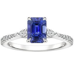 3 Stones Ring With Accents Emerald Blue Sapphire & Pear 4.50 Carats
