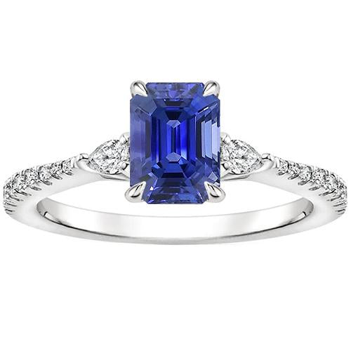 3 Stones Ring With Accents Emerald Blue Sapphire & Pear 4.50 Carats