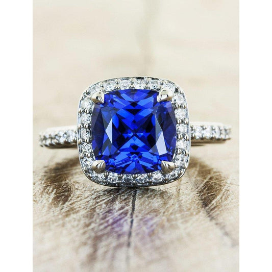 3 Ct Ceylon Sapphire Halo Diamond Wedding Ring Solid White Gold 14K