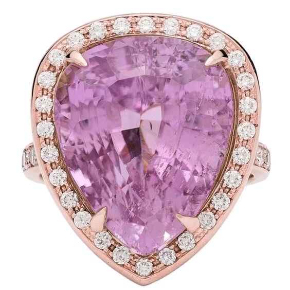 31 Carats Pear Cut Kunzite With Diamond Ring 14K Gold Rose New