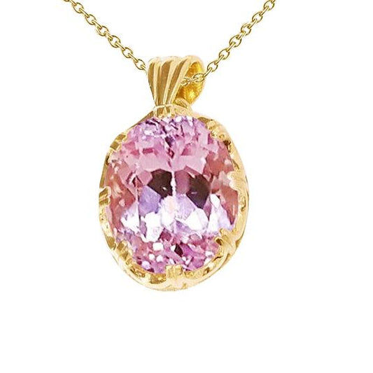 32 Carat Solitaire Big Pink Kunzite Pendant Necklace Yellow Gold