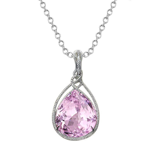 32.50 Ct Pear Cut Pink Kunzite Diamond Ladies Pendant White Gold 14K