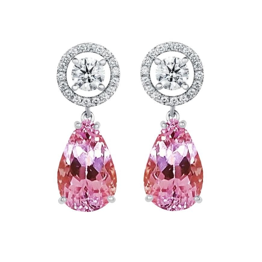 33.50 Ct Pink Kunzite And Diamonds Lady Dangle Earrings 14K Gold