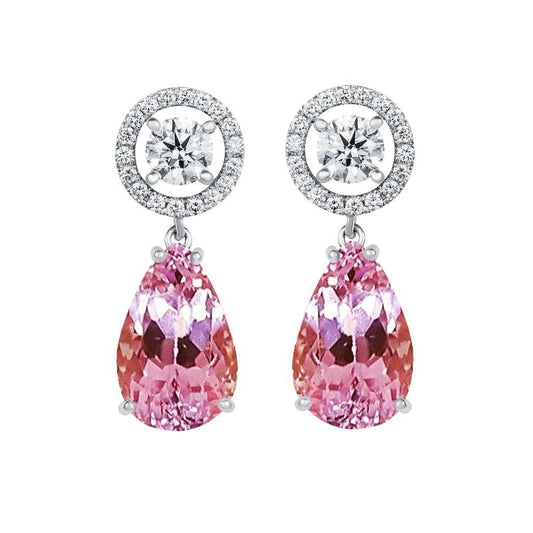 33.50 Ct Pink Kunzite And Diamonds Lady Dangle Earrings 14K Gold