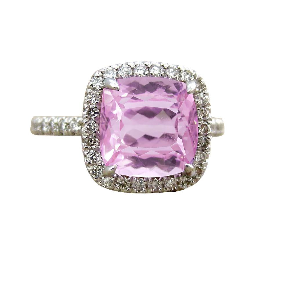 35.45 Carats Big Pink Kunzite Diamond Ring White Gold 14K
