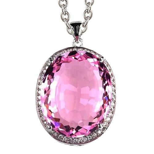 35.50 Carats Oval Pink Kunzite With Diamond Necklace Pendant Gold