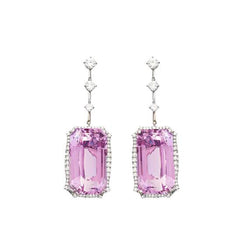 37.08 Ct Pink Kunzite With Natural Earth Mined Diamonds Dangle Earrings White Gold 14K