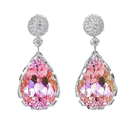 37.30 Ct Pink Kunzite With Diamonds Dangle Earrings 14K