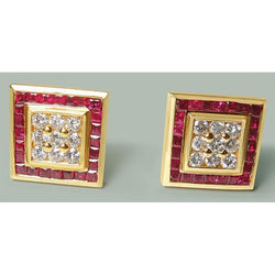 3.00 Carats Ruby & Diamonds Studs Earrings 14K Yellow Gold