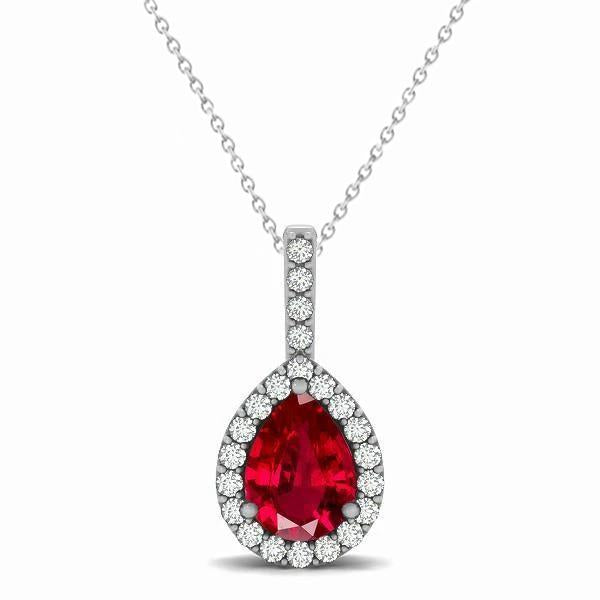 3.25 Carats Pear Ruby With Diamonds Pendant Necklace White Gold 14K