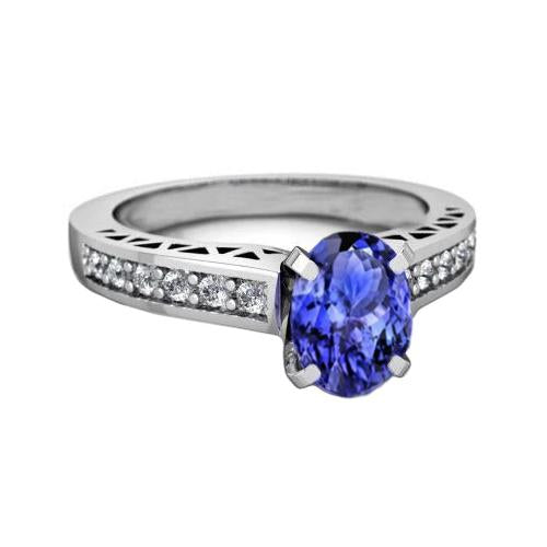 3.25 Carats Tanzanite And Diamond Engagement Ring 14K White Gold