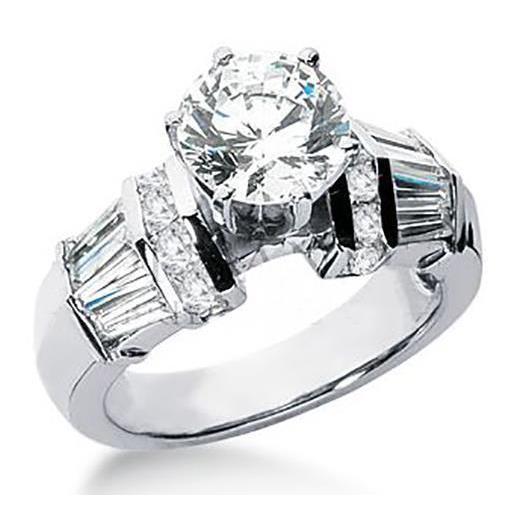 3.26 Carats Diamond Round & Baguette Engagement Ring White Gold 14K