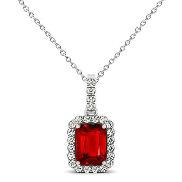 3.30 Carats Red Ruby Emerald Cut With Diamond Pendant Gold 14K